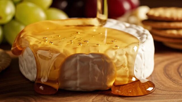 Fresh honey pouring over a wheel of creamy brie cheese on a wooden board.