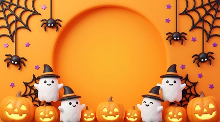 Fototapeta premium Halloween background with cute ghosts, pumpkins, and spiders