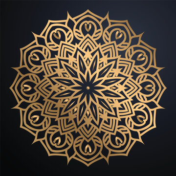 Luxurious Geometric Gold Mandala Emblem Illustration Elegant Starburst Floral Pattern On Dark Navy Charcoal Gradient Premium Design
