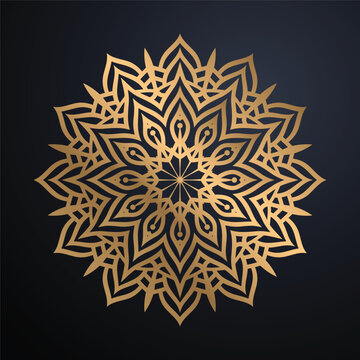 Luxury Ornamental Gold Mandala Art Centered Circular Emblem With Layered Chevron Rings Starburst Peaks And Navy Blue Gradient Background
