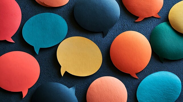 Colorful speech bubble cutouts on textured background