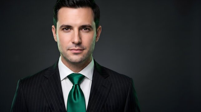 Professional portrait of handsome corporate businessman in pinstripe suit and emerald green silk tie.