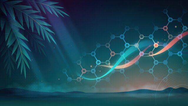 Futuristic molecular network with glowing hexagons and tropical leaves in a dark scientific