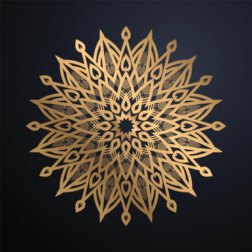 Sophisticated Metallic Gold Mandala Illustration Elegant Circular Geometric Ornament On Dark Blue Gradient Background Premium Ornamental Design
