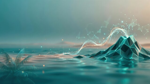 Futuristic polygonal mountain emitting glowing data stream over tranquil ocean with tropical