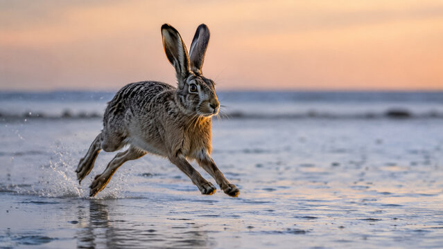 Wild hare running fast along the wet sandy beach during warm sunset light. Concept of rabbit, wildlife, wild animal, speed, coast, shore, ocean. Copy space.