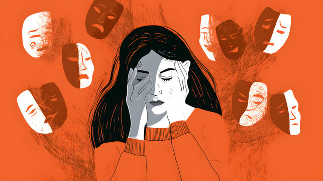 Woman is experiencing emotional distress and mood instability. The concept of Borderline Personality Disorder involves multiple conflicting psychological states, represented by floating theatrical mas