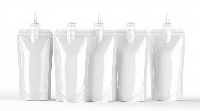 A mockup of a white plastic spout pouch, a blank flexible liquid packaging bag, a realistic doy-pack container for food and cosmetic branding