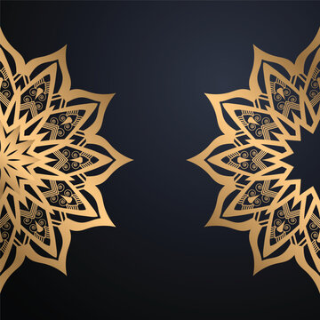 Sophisticated Bronze Gold Mandala Illustration Elegant Circular Floral Ornament On Dark Navy Blue Gradient Background Premium Decorative Graphic Artwork