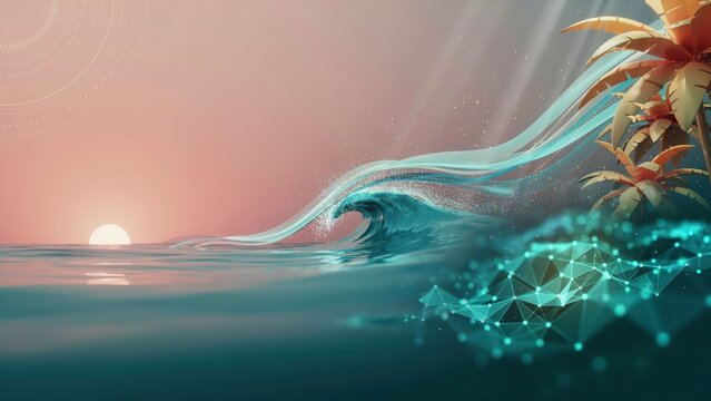 Futuristic tropical ocean sunset with dynamic digital wave and glowing network data elements