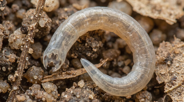 Macro Photograph of a Hookworm Larva Parasite Crawling on Soil Surface in Extreme Close Up. Concept of nematode, organism, biology, microscopic, infection.