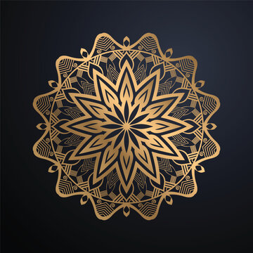Premium Bronze Gold Mandala Ornament Illustration Intricate Circular Floral Pattern With Spiral Swirls Sharp Starburst Peaks Luxury Navy Blue Background