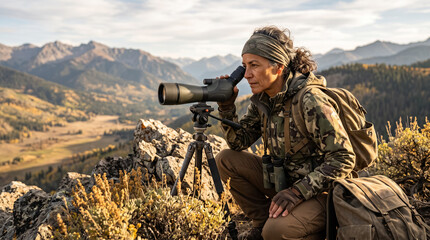 Fototapeta premium Female Hunter Watching Wildlife Through Spotting Scope on Mountain Ridge Peak. Concept of wild, optics, scouting, nature observation. Copy space.