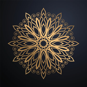 Luxury Golden Mandala Decorative Background Intricate Circular Starburst Emblem With Chevron Rings Lattice Details And Metallic Gold Sheen