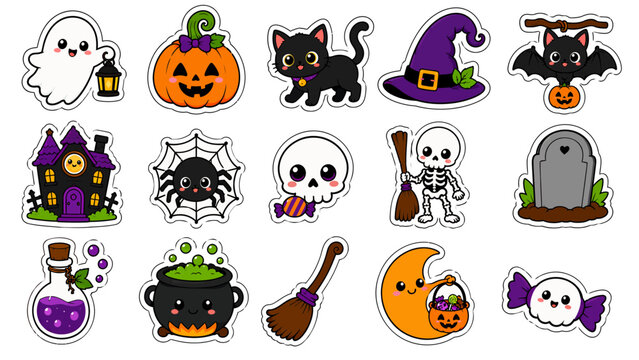 Set of cute kawaii halloween stickers featuring ghosts pumpkins black cat witch hat bat skull and potions