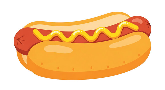 Cartoon hot dog with mustard in a bun, isolated on white background, simple vector illustration