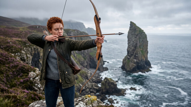 Young female archer aiming bow with arrow on dramatic coastal cliff edge over sea. Concept of point, archery, dramatic landscape, ocean. Copy space.