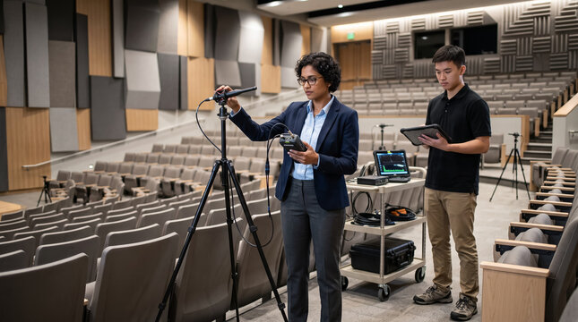 Sound engineers measuring acoustics and audio quality in an empty auditorium hall. Concept of measure, acoustic testing, audio measurement, decibel meter, sound measurement, sound level meter.