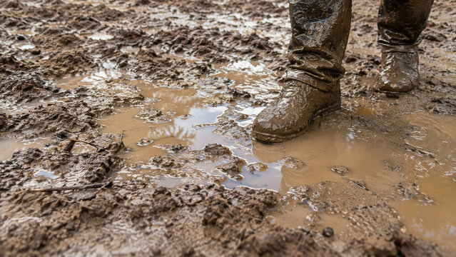 Person walking in muddy boots through wet dirt and water puddle outdoors in rainy off-road environment. Concept of mud, wet ground, dirty boots. Copy space.