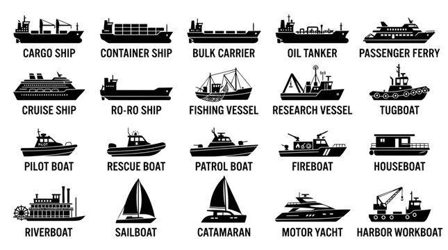 Set vector icons different types boats ships vessel passenger cargo research rescue.