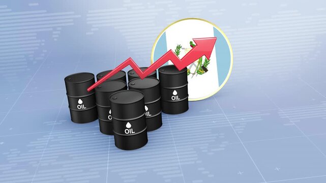 Guatemala Oil Price Rising with Oil Barrels and Upward Red Arrow, 3D Economic and Financial Market Crisis Concept