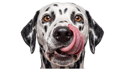 Dalmatian dog licking its nose with its tongue png on isolated transparent background © PNG Studio 99