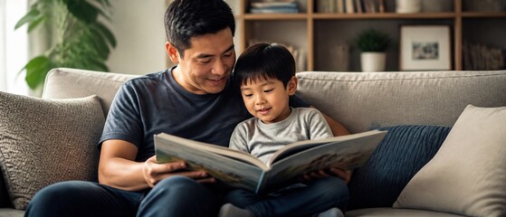 Fototapeta premium Father and son bonding over a picture book while relaxing on a comfortable sofa in their cozy home