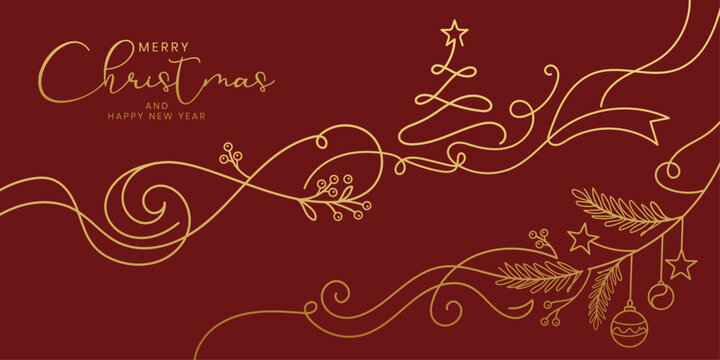 Line art vector design featuring minimal design elements. golden christmas tree illustration on red background. elegant holiday greeting card template. decorative festive graphic asset