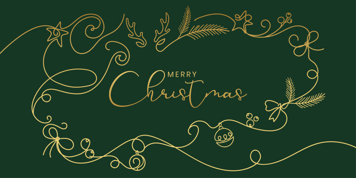 Merry christmas gold glitter line art vector design. minimal design elegant holiday background. festive greeting card vector template. luxury seasonal decoration illustration with christmas