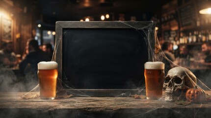 Obraz premium Two Pints of Beer with Skull and Blank Chalkboard Background