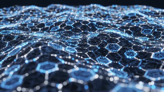 Wavy hexagonal grid structure in blue light with slow camera pan for technology concepts