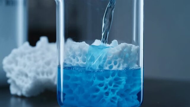 Blue liquid pours into transparent glass container creating foamy bubbles and swirling texture against dark background with reflective surface details and cool cyan tones during fluid motion