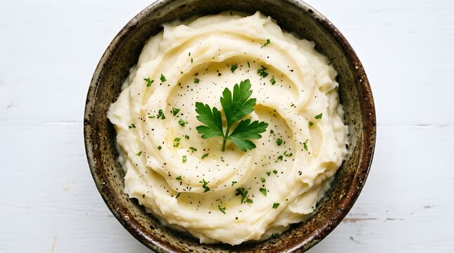 Creamy mashed potatoes in a textured bowl garnished with fresh parsley and black pepper, isolated on white background
