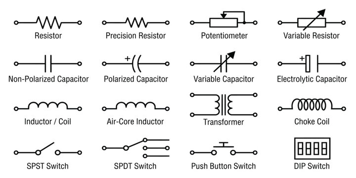 Electrical component symbols vector pack shows resistor, capacitor, transistor, diode, batterie, switch for circuit diagram designs, engineering visuals, electronics education, technical illustration
