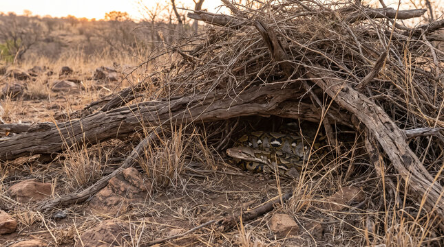 Large African python snake hiding under dry branches in wild savannah landscape at sunset. Concept of long, wildlife, safari, africa, wild animals, predator.