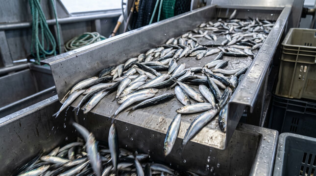 Fresh sardines moving on a metallic conveyor belt during sorting on a commercial fishing boat. Concept of small, fish industry, seafood, fish processing.