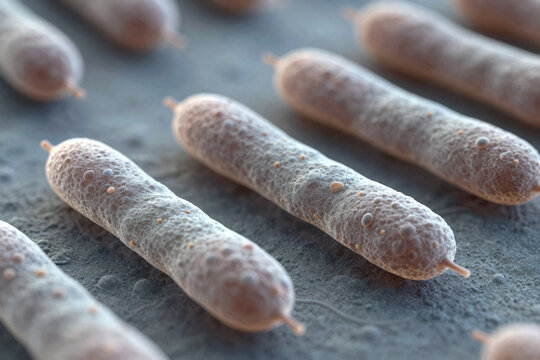Close-up view of microscopic bacteria with distinct shapes and textures