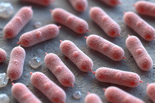 Close-up view of pink bacteria cells on a textured surface