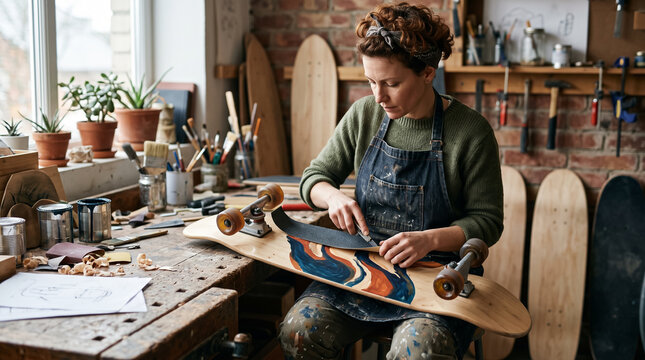 Female artisan applying griptape to a custom wooden skateboard in workshop. Concept of crafting, skateboard making, artisan at work, small business, wood craft, craftswoman, boardmaker.