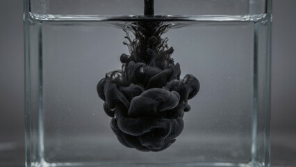 Obraz premium Black ink dispersing into clear water creating a unique organic shape inside glass container.