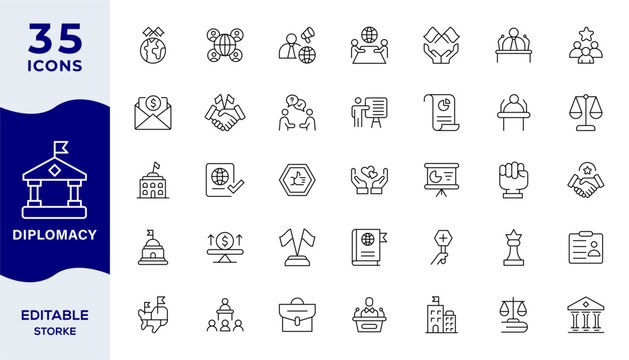 Diplomacy icons set representing international relations, negotiation, embassy, handshake agreements,diplomat, foreign policy, consulate, Editable Stroke.Vector illustration.