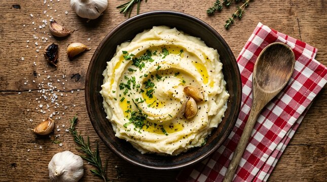 Creamy mashed potatoes in a dark bowl topped with roasted garlic, olive oil, and herbs on a rustic wooden table with a red checkered napkin