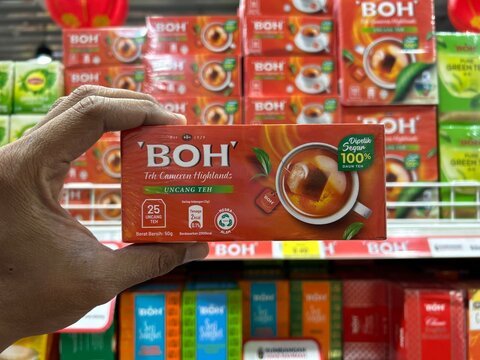 Sabah, Malaysia - September 02, 2026 : Hand holding BOH Cameron Highlands tea box in front of retail store shelf display.