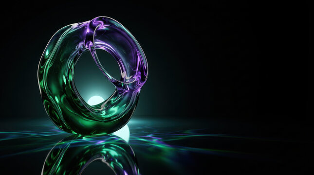 Abstract green and purple glass torus ring floating on dark reflective surface generated using ai