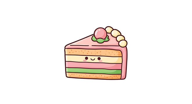 Cute Kawaii Slice of Pink Layer Cake with Happy Face