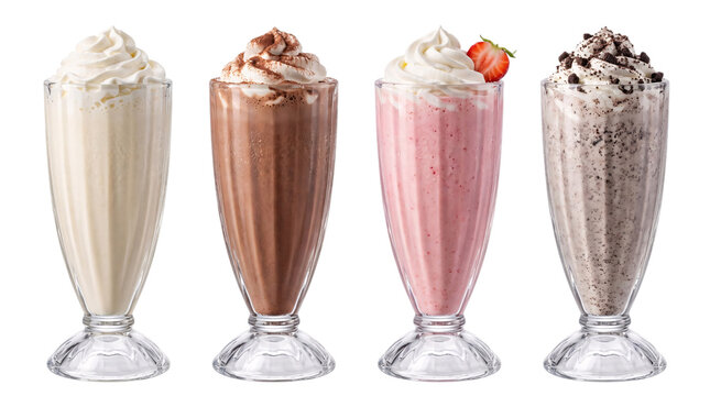 Four flavored milkshakes with whipped cream and png on isolated transparent background