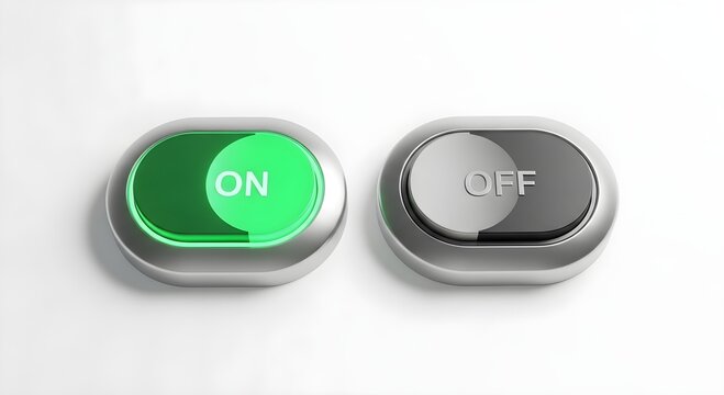 Toggle switches showing green active ON and grey inactive OFF status buttons isolated on a clean white background surface