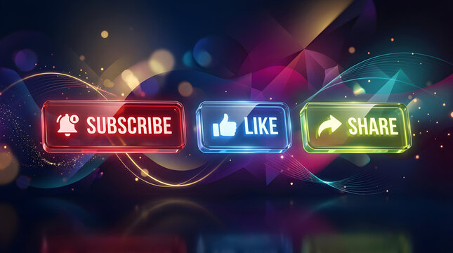Social media buttons featuring subscribe like and share icons with glowing glass texture against abstract colorful dynamic dark bokeh background