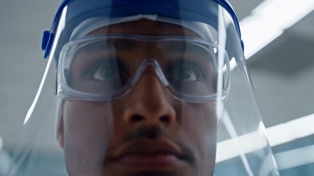 Person wearing protective goggles and face shield looks toward camera in close-up view under bright indoor lighting, showing clear visor details, reflective surfaces, and centered facial composition