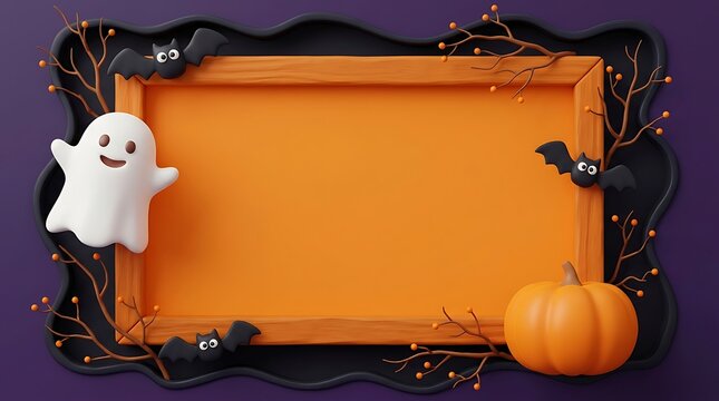 Halloween frame with ghost, bats, and pumpkin on purple background